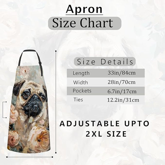 Pug and Flowers Apron Charming Dog Portrait with Soft Floral Aprons Waterproof Oxford Polyester Adjustable Pockets Design for Cooking, Crafting, Garden Decor, Gifts for Pet Lovers, 28x33 Inch