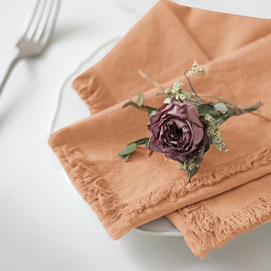 Handmade Cloth Napkins 100% Cotton Napkins with Fringe，Delicate Handmade Cloth Napkins for Dinners, Parties, Weddings and More，18 x 18 Inch Set of 12 - Caramel