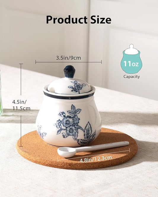 Ceramic Sugar Bowl with Lid and Spoon, 11Oz Sugar Container for Coffee Bar, Blue and White Sugar Jar/Dispenser, Flowers and Branches