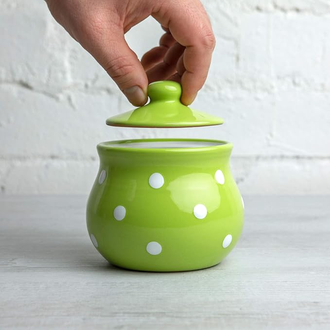 City to Cottage Ceramic Sugar Bowl with Lid, 10oz Sugar Contanier for Coffee Bar, Sugar Dispenser Bowl, Salt - Condiment Pot for Kitchen Counter, Handcrafted Green Polka Dot Sugar Jar