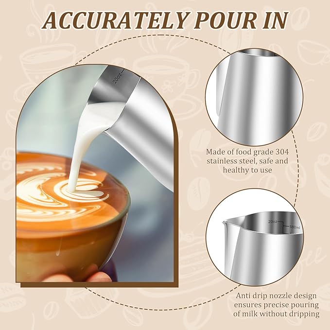 Milk Frothing Pitcher, 20oz/600ml Stainless Steel Milk Frother Cup Measurement, Barista Espresso Steaming Jug with Coffee Art Pen and Ergonomic Handle for Cappuccino Latte Art(silver,600ml)