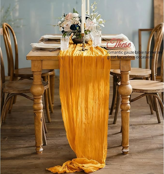 12 Pcs Gold Cheesecloth Table Runner 10Ft, Gauze Table Runners 21.5 x 120 inch,Semi Sheer Cheese Cloth Fabric Runner Bulk for Wedding,Party,Baby Shower,Bridal Shower