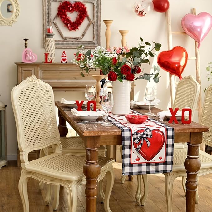 GEEORY Valentine's Day Table Runner 13 x 120 Inch, Red Hearts Polka Dots Decorative Farmhouse Table Decoration for Kitchen Dinning, Indoor Outdoor Dinner Party GT138-120