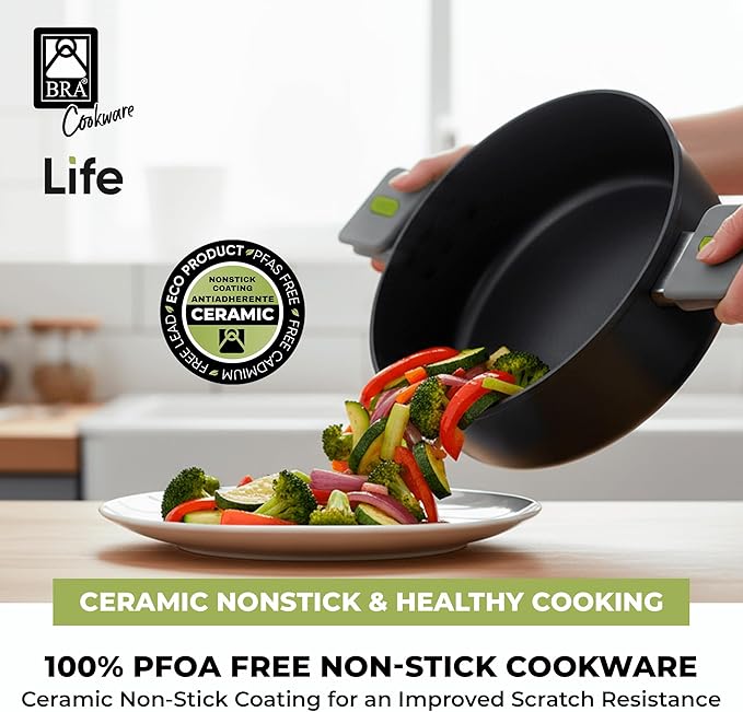 BRA COOKWARE Life Ceramic Nonstick Sauté Pan w/Glass Lid | 11 Inch 2.9 Quart Recycled Aluminum Deep Pan | Dual-Handle Braiser | Ceramic Non-Stick Coating | PFOA Free | All Cooktops & Oven Safe