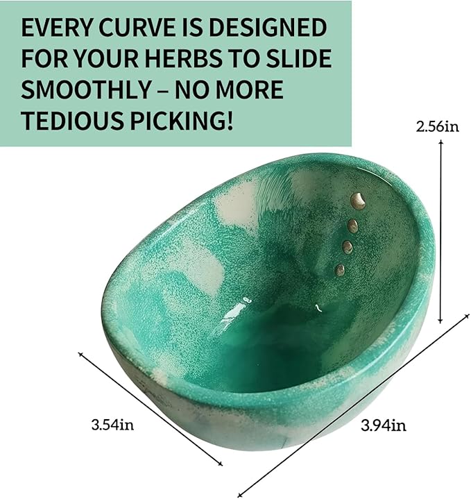 New 4-Slot Herb Stripper，Handmade Firing Herb Stripper Bowl，Pottery Herb Stripper Bowl ，Suitable for Kale, Basil, Rosemary, Etc (Green Glaze)