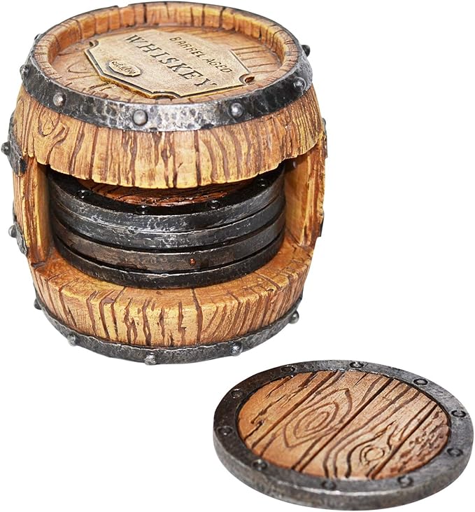 Pine Ridge Whiskey Bourbon Barrel Coaster Set - 5 Rustic Pieces for Bar Decorations for Home, Coasters for Men, Ideal Bar Coasters for Whiskey and Bourbon Drinkers, Man Cave Essentials