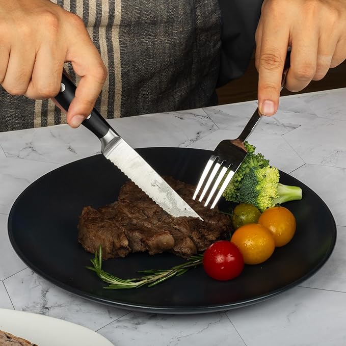 Alata 6-Piece Steak Knives Set with Block, 4.7 Inch with Serrated Edge Razor-Sharp Dinner Knives, Full-Tang Construction