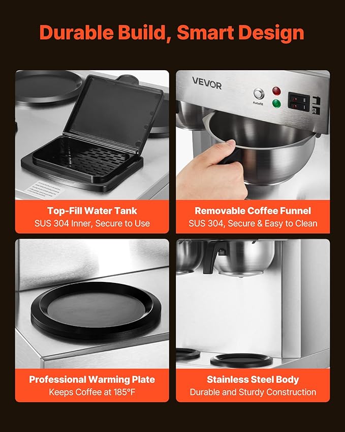 VEVOR Commercial Drip Coffee Maker, 24 Cups Coffee-Maker Machine with 4 Glass Carafes and 4 Decanter Warmer Plates, Stainless Steel Dual-Head Coffee Brewer, for Restaurant, Office, Coffee Shop & Home