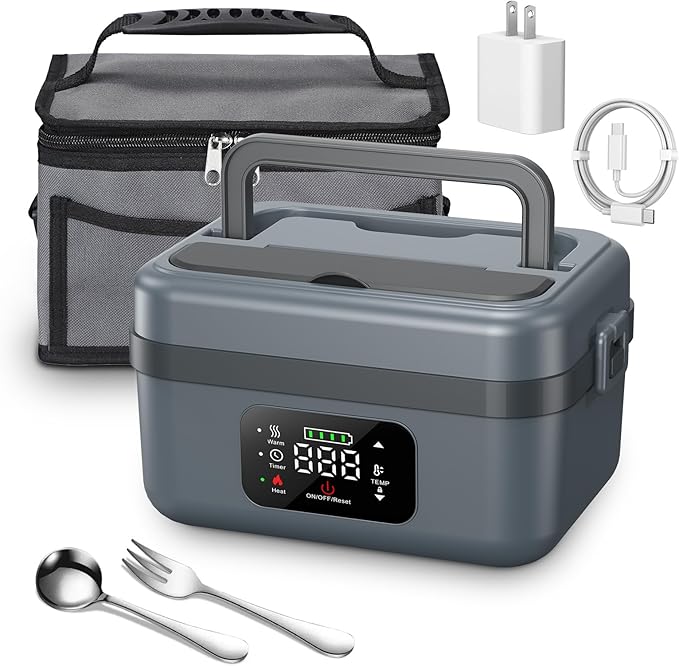 Cordless Electric Heated Lunch Box for Adults Men Women, Rechargeable Self Heating Battery Powered Food Warmer with 1L Container Fork Spoon and Insulated Carry Bag for Car Truck Travel Office(Grey)