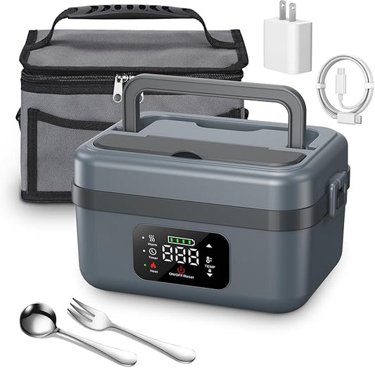 Cordless Electric Heated Lunch Box for Adults Men Women, Rechargeable Self Heating Battery Powered Food Warmer with 1L Container Fork Spoon and Insulated Carry Bag for Car Truck Travel Office(Grey)