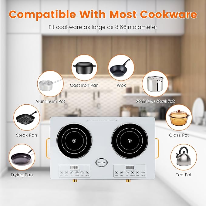 7000W Double Ceramic Electric Hot Plate Countertop Stove Double Burner Infrared Cooktop with 11 Power Levels 0-4H Timer Portable Handle LED Display for Kitchen Camping (White)