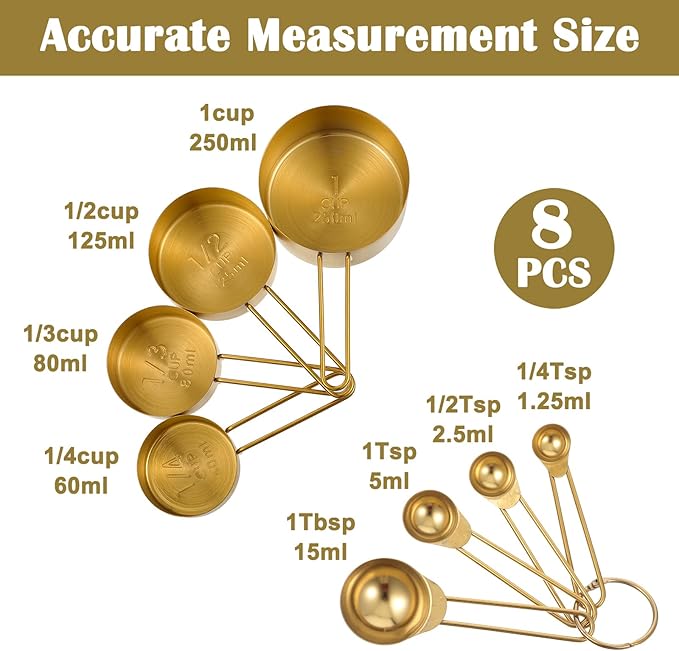 8 Pcs Gold Measuring Cups and Spoons Set 304 Stainless Steel Measuring Spoons Gold with Handles Golden Stackable Kitchen Measure Cups Set For Liquid Dry Ingredient Kitchen Baking Cooking