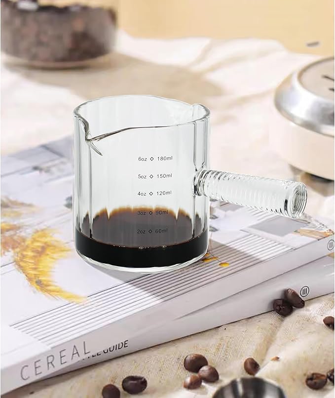 Glass Espresso Cup 6 OZ, Double Shots Measuring Cup with Glass Handle for Dishwasher Safe, Double V-Shaped Spout Milk Frothing Pitcher, Espresso Accessories for Machine, Demitasse Cups