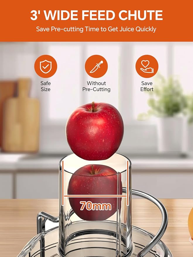 Juicer Machine, Airon Centrifugal Juicer Extractor, Max Power 800W, 3" Wide Feed Chute for Fruit Vegetable, Juice Maker with 3-Speed Setting, High Juice Yield, Easy to Clean, Stainless Steel, BPA Free