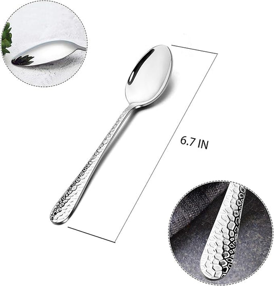 E-far Stainless Steel Teaspoons Set of 12, Modern Hammered Silverware Flatware Dessert Spoons for Home, Kitchen, Restaurant, Round Edge & Mirror Polished, Dishwasher Safe - 6.7 Inches