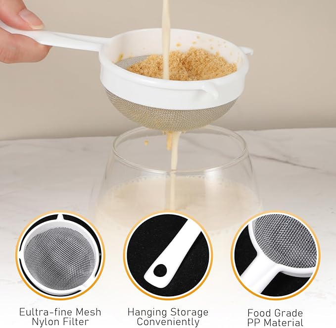 2 Pcs Plastic Mesh Strainer Colander Set, Double Ear Fine Food Mesh Strainer for Kefir Tea Coffee Nut Milk Flour Sifter Dishwasher Safe