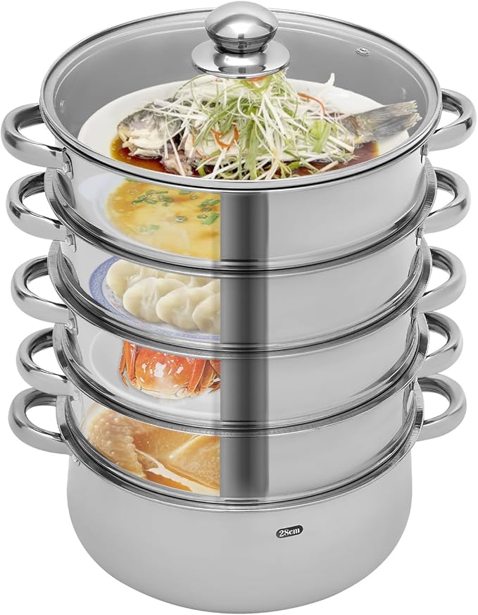 5 Tier Steamer Cooker,Home Steam Pot Set,Multi tier Stainless Steel Kitchen Cookware Hot Pot for Cooking Vegetables, Seafood, Soups, Stews and Pasta (Silver, 11 * 17.71 in)