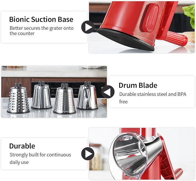 Rotary Cheese Grater with 4 Blades, Large Hand Crank Cheese Grater with Waffle Slicer, Black and White Cheese Slicer with Suction Base, Easier for Shredding& Grating (red, 4 Graters)