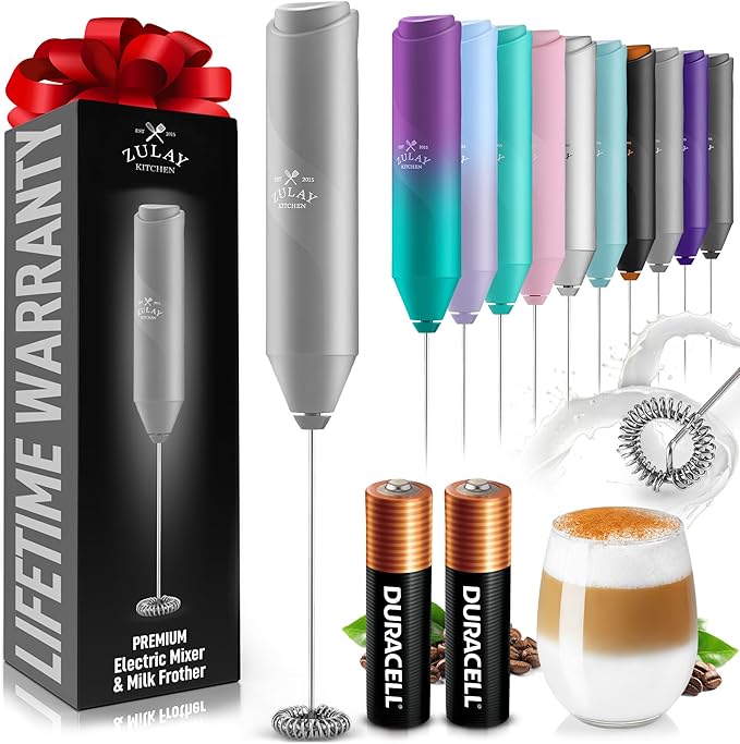 Zulay Kitchen Powerful Milk Frother Handheld with 2 Duracell AA Batteries – Ultra Fast Frother Wand Electric Drink Mixer for Coffee, Lattes, Cappuccinos, Matcha & Hot Chocolate – Portable Foam Maker