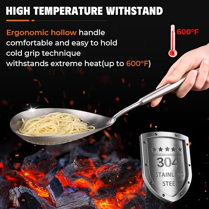 Skimmer Slotted Spoon -16.5" 304 Stainless Steel Pasta Spider Strainer Skimmer Ladle Spoon for Cooking and Frying - Kitchen Metal Scoop Colander Strainer Spoon with Heat Resistant Handle