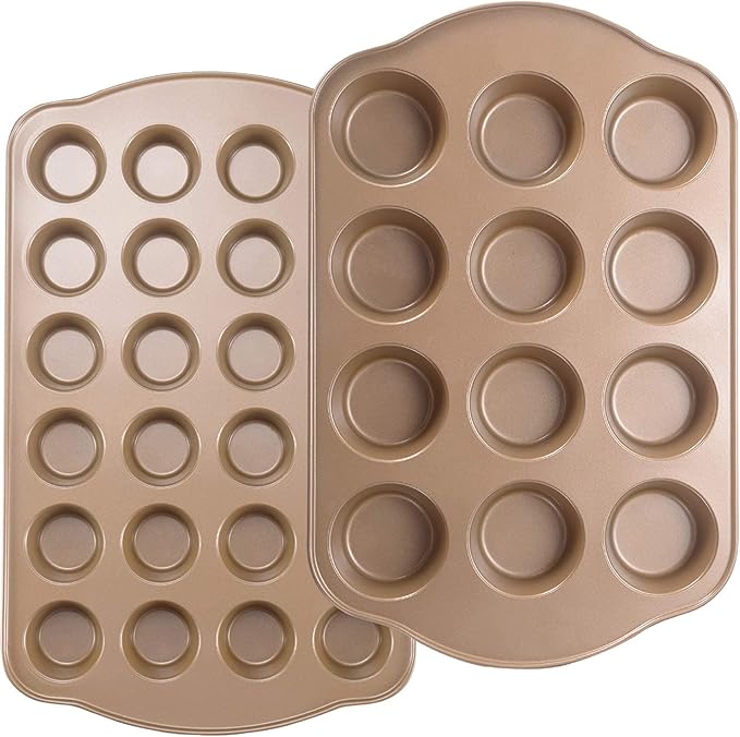 JOHO BAKING Nonstick Muffin & Cupcake Pan Set (2 Pack) - 12 Cup Regular + 24 Cup Mini Muffin Tins | Heavy Duty Gold Carbon Steel, Rust-Resistant, Easy Release