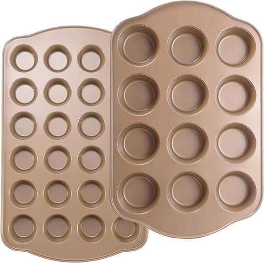JOHO BAKING Nonstick Muffin & Cupcake Pan Set (2 Pack) - 12 Cup Regular + 24 Cup Mini Muffin Tins | Heavy Duty Gold Carbon Steel, Rust-Resistant, Easy Release