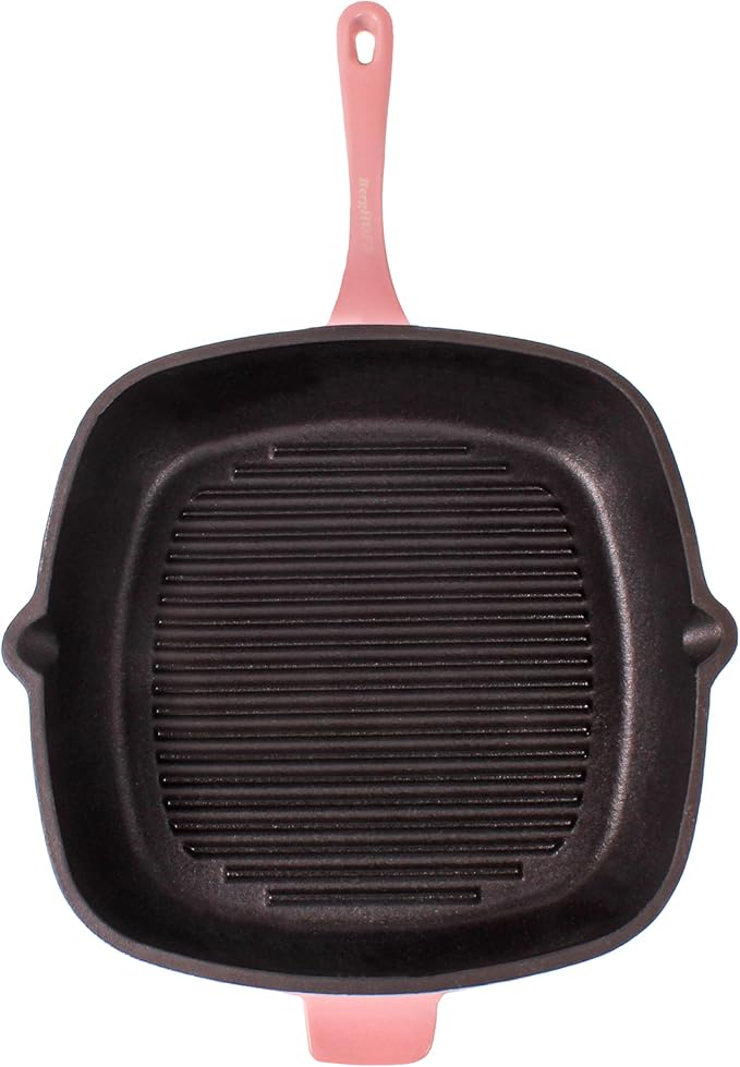 Berghoff Neo 2Pc Enameled Cast Iron Grill Set, Grill Pan 11 inches, Bacon/Steak Press 8 inches, Fast, Evenly Heat, Oven safe (Pink)