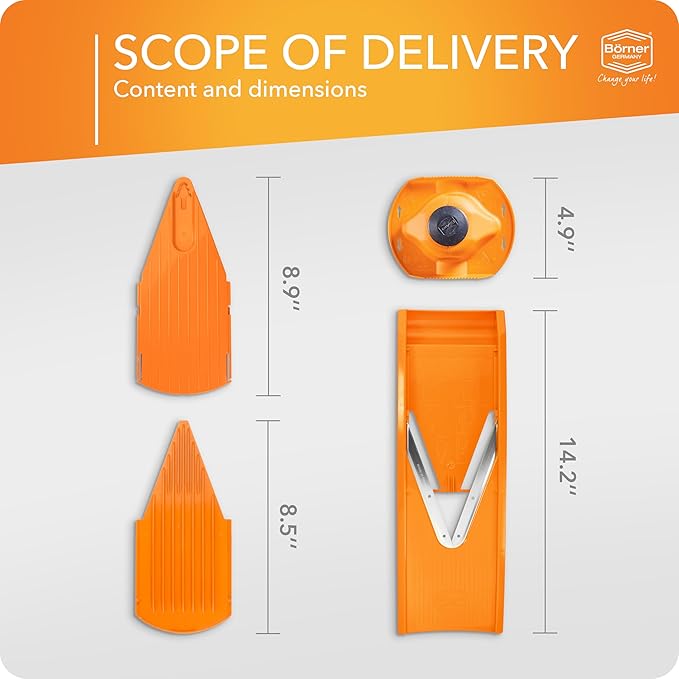 Mandoline Food Slicer Borner V1 (Basic Set) by Reston Lloyd • V-Slicer with Food Holder • Made in Germany • Fruit & Vegetable Chopper • Multiple Settings • Color: Orange