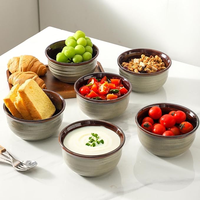 MEKY 20OZ Cereal Bowls Set of 6, Ceramic Soup Bowls for Kitchen, Serving Bowls for Oatmeal Ice Cream Pasta Rice Salads Desserts, Modern Durable Reusable Bowls for Daily Meals & Everyday Use, Brown