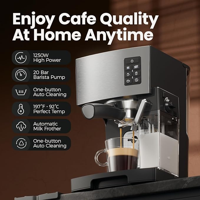 JZ.CAFE Cappuccino Coffee Machine - 20Bar Espresso Machine with Automatic Milk Frother, Espresso Maker in Stainless Steel Design,1250W Coffee Maker for Home, Office