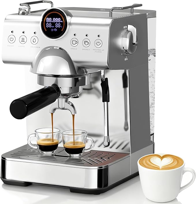 20 Bar Espresso Machine,Hot & Cold Brew Espresso Coffee Maker with Milk Frother,50oz Water Tank,LCD Display,Single & Double,Cappuccino & Latte Machine for Home