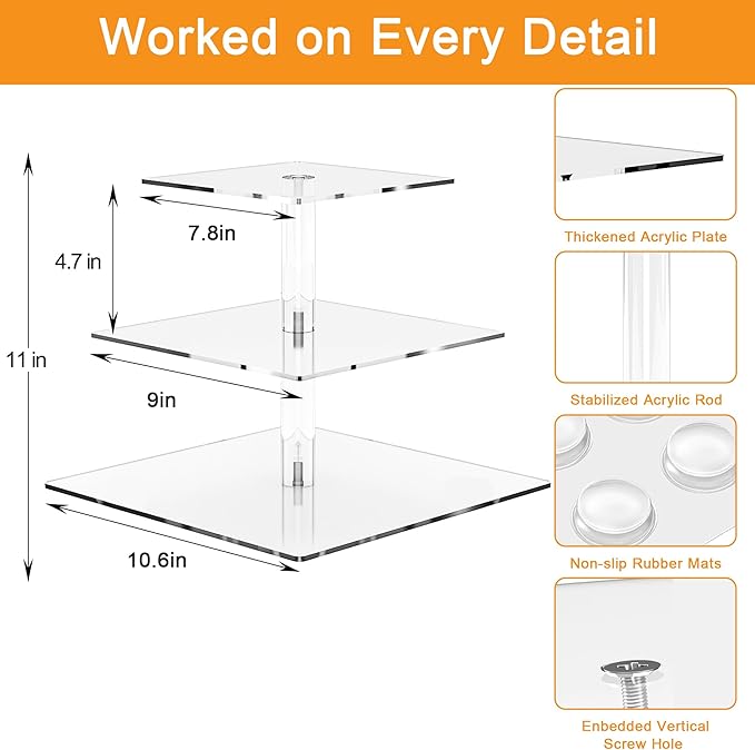 weddingwish 3 Tier Square Clear Acrylic Cupcake Stand, Clear Cupcake Display Stand Tower Tree, Tiered Cupcake Carrier Dessert Stands