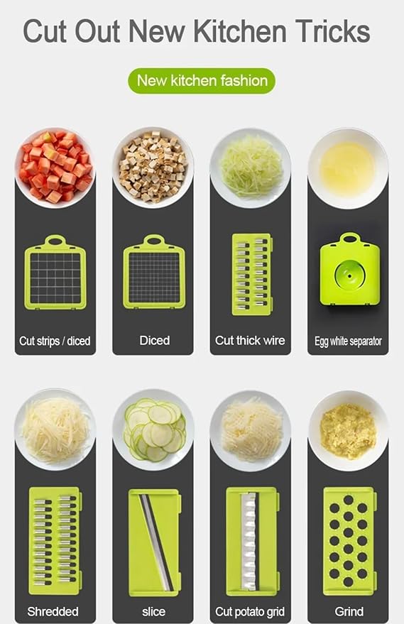 Vegetable Chopper Mandoline, Onion Chopper 16 in 1 Multifunctional Food Chopper with 9 Blades Slicer Dicer Cutter & Dicing Machine with Container in Grey and Green Colour