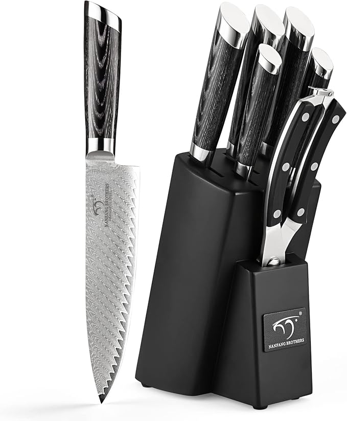 NANFANG BROTHERS Damascus Knife Set, 7 Pieces Kitchen Knife with Block, ABS Ergonomic Handle for Chef Knife Set, Kitchen Shears, Knife Block Set