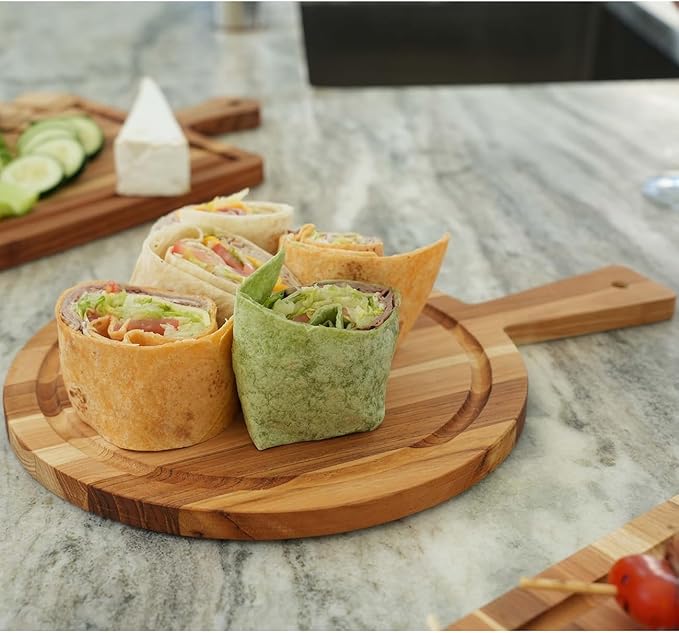 EcoDecors 3 Piece Round Teak Cutting Board Set with Handle, FSC Certified Teak Wood, Edge Grain with Juice Groove, Carving Board for Kitchen and Prep
