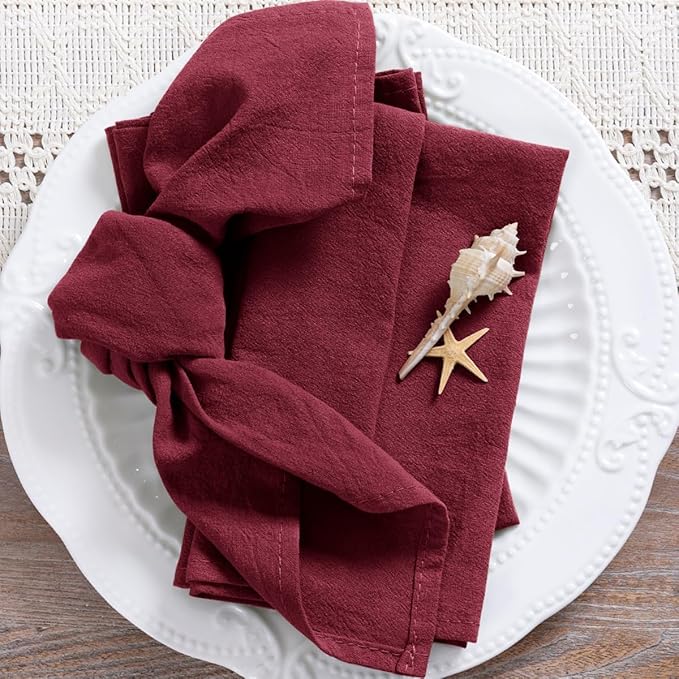 MLMC 4 Pack Burgundy Cloth Napkins Rustic Washable Cotton Linen Napkins Set of 4 17"x17" Reusable Wine Red Dinner Napkins Cloth for Wedding Bridal Baby Shower Table Decor