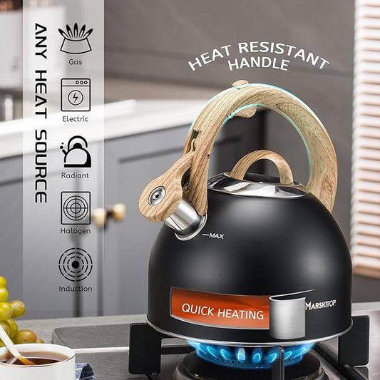 MARSKITOP Whistling Tea Kettle for Stove Top 2.6 Quart, Food Grade Stainless Steel Tea Pot for Stove Top with Anti-Hot Handle, Black