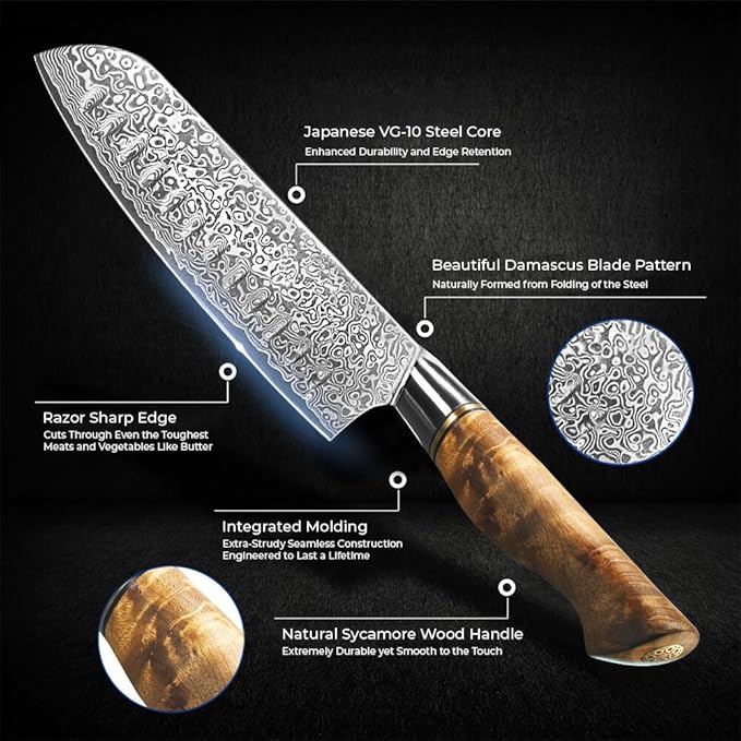 SENKEN 7" Damascus Steel Santoku Knife - Dynasty Collection - 67-Layer Japanese VG10 Steel with Sycamore Wood Handle, Razor Sharp Double Bevel 15° Edge