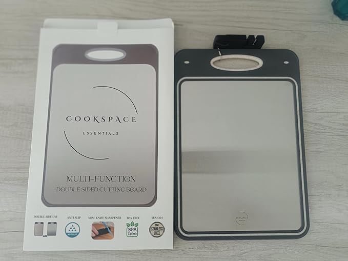 Titanium Cutting Board for Kitchen with Knife Sharpner, Stainless Steel Large Size 14’’×9.6’’ Double Sided Food Grade, Pure Titanium and Wheat Straw PP, Easy to Clean, Anti Slip
