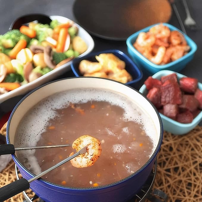 Artestia Cast Iron Fondue Pot Set for Cheese & Chocolate, Fondue Set for 6 with Burner & 6 Forks, Swiss Fondue Pot for Party, Family & Gift, Blue
