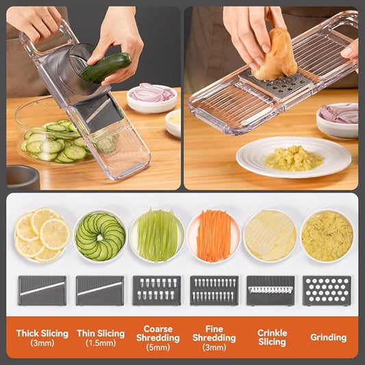 KEOUKE Transparent Multifunctional Mandoline Slicer with Large Strainer - 6 Blades Interchangeable, Handheld Vegetable Cutter with Hand Guard for Kitchen, Onion, Garlic, Safe Food Slicer
