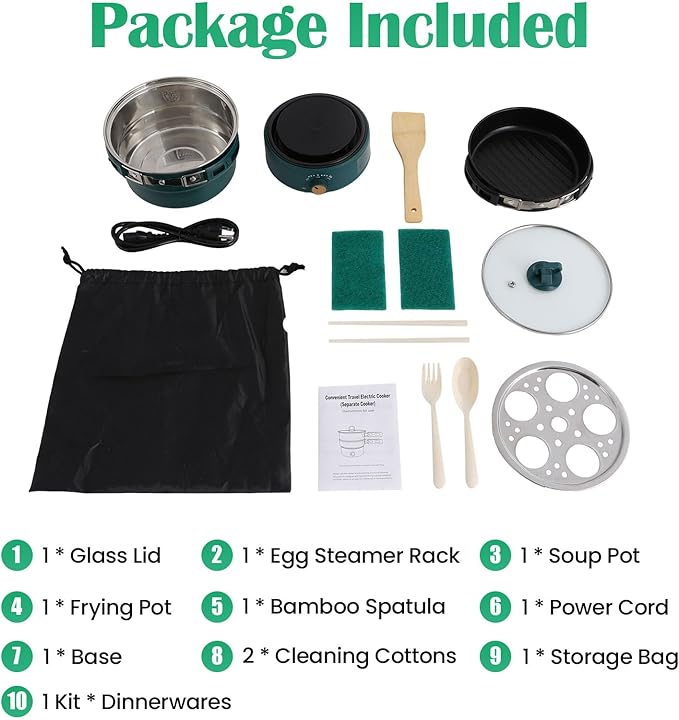 Portable Electric Hot Pot,500W Mini Electric Cooker w/Foldable Handles & Steamer,Non-stick Frying Pan,Multi-Functional Ramen Noodle Cooker Power Adjustment for Steaks,Soup,Pasta (Green)