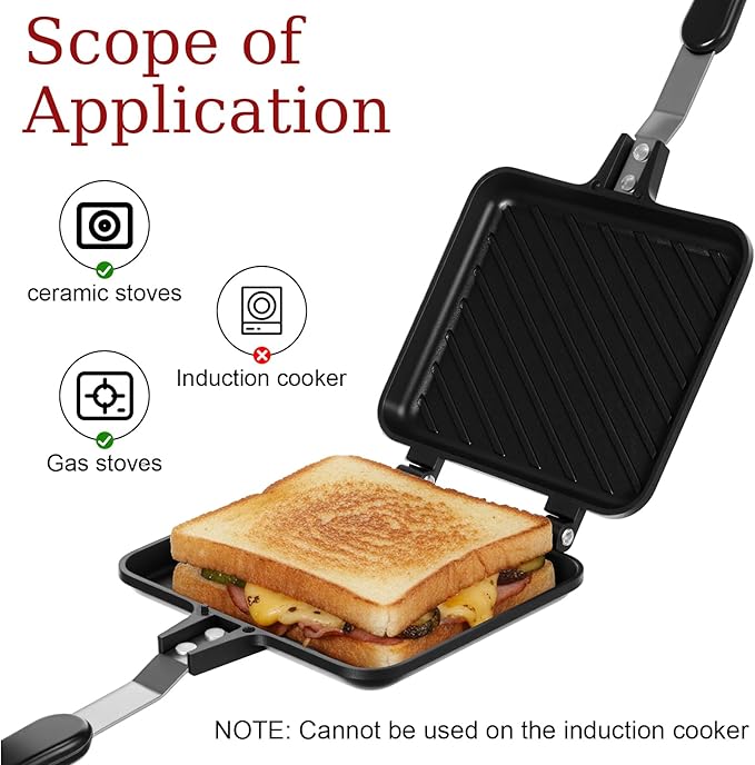 Sandwich Maker, Grilled Panini Maker Pan with Non-Stick Plates, Stovetop Toasted Sandwich Makers Press, Double Sided Aluminum Flip Cheese Makers Frying Pan for Home Kitchen Breakfast Camping