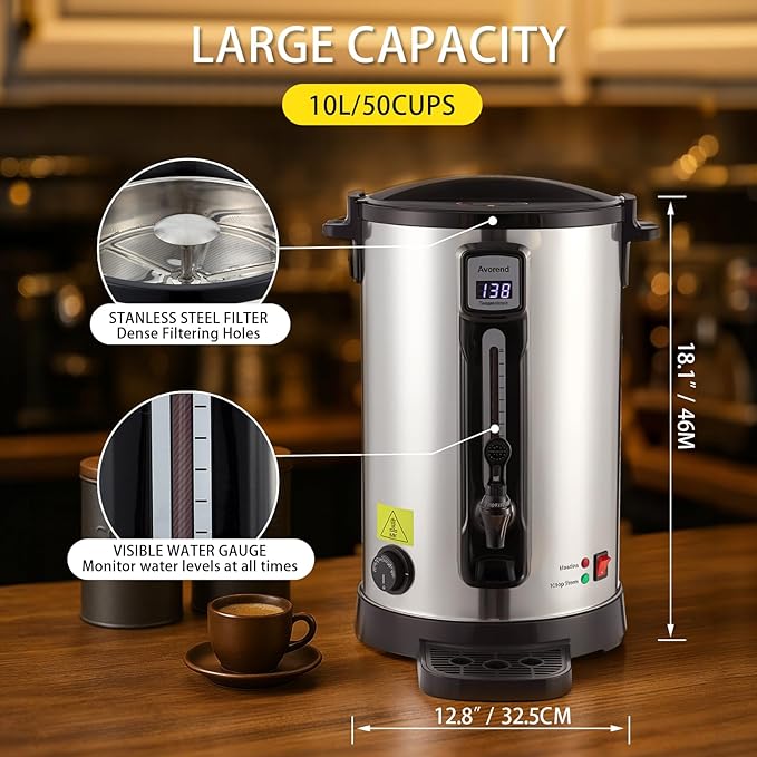 Avolend 50-Cup Commercial Coffee Urn, Double-Wall Stainless Steel Coffee Maker with Adjustable Temperature Control & Keep Warm, 10L Large Coffee Pot for Catering, Events, and Offices