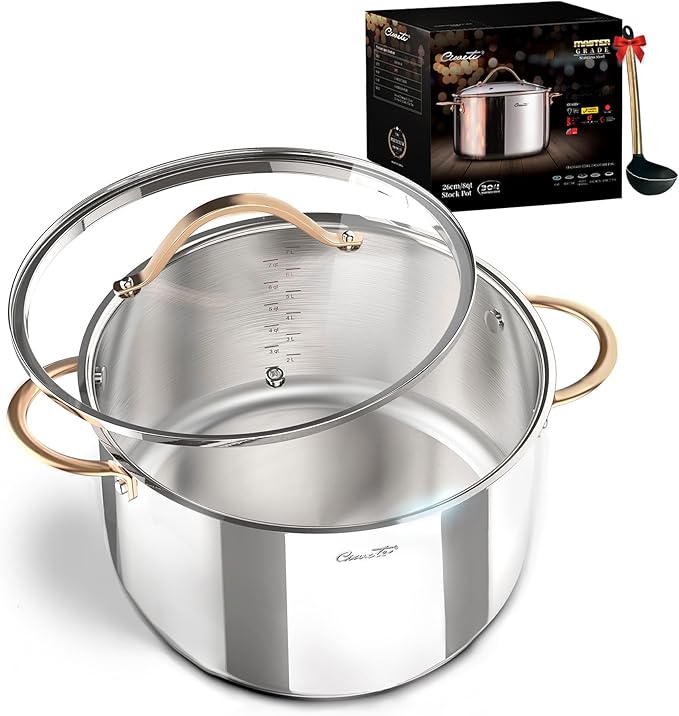 Ciwete 8 Quart Stock Pot, 3 Ply Whole Clad Stainless Steel Stock Pot, 8 QT Cooking Pot with Lid, Induction Pot for Cooking, 18/10 Stainless Steel Cookware Stockpots Oven, Gas and Dishwasher Safe