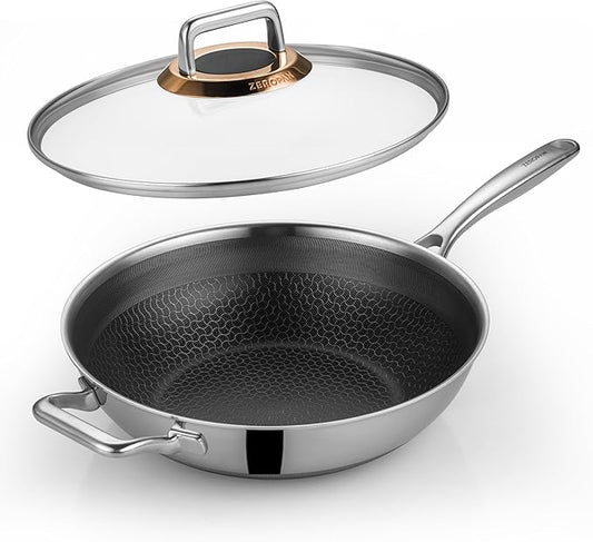 ZEROPAN Hybrid 12-Inch Wok with Lid,Nonstick Stainless Steel Woks & Stir-fry pans,Wok Pan,PFAS PFOA PTFE Free,Dishwasher-Friendly,Oven-Safe Up to 600°F,Compatible with All Cooktops