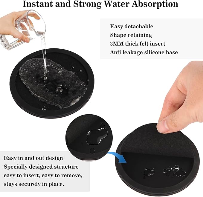 Sleek Absorbent Coasters with Holder – Silicone Cup Mat with Removable Felt Insert Non-Slip, Non-Stick, for Coffee Tables, Kitchen Décor – Set of 6 Coasters (Black)