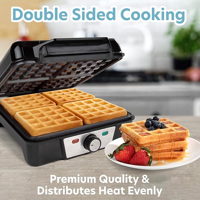 CucinaPro Four Square Belgian Waffle Maker, Extra Large Stainless Steel Kitchen Appliance w Nonstick Waffler Iron Plates- Make 4 Fluffy Waffles, Griddle for Family Morning Breakfast with Recipe Guide