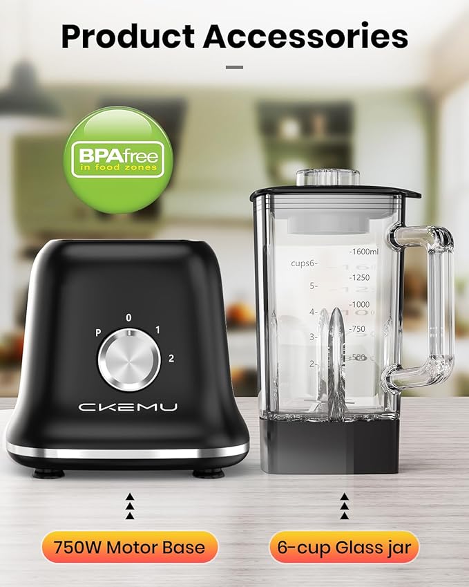 CKEMU Professional Blender For Smoothies, 58 Oz Glass Jar, Glass Blender Including Puree & Crush Ice Functions, 750 Watts, With Portable Travel Cup B02 (Black)