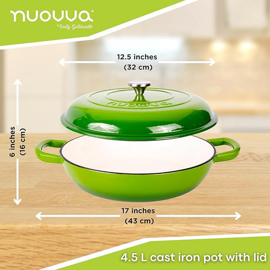 Shallow Cast Iron Casserole with Lid – Non Stick Dutch Oven Pot, Oven Safe up to 500° F – Sturdy Ovenproof Stockpot Cookware – Enamelled Cooking Pot – Green, 5-Quart, 32cm – by Nuovva